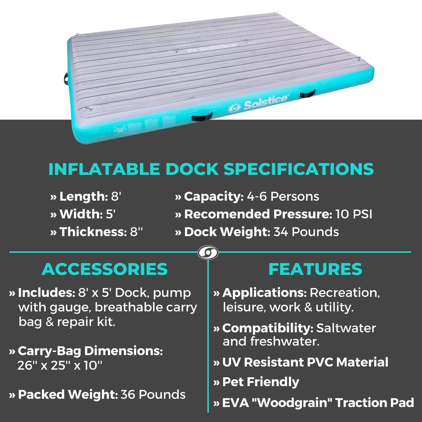 SOLSTICE ORIGINAL Floating Inflatable LUXURY Dock Platform 8 X 5 FT Float For Lake Boat Pool Ocean | W/ Non-Slip Pad | Water Mat Swim Raft For Multiple Adults Kids Dogs | 8 Inch Extra Thick & Stable