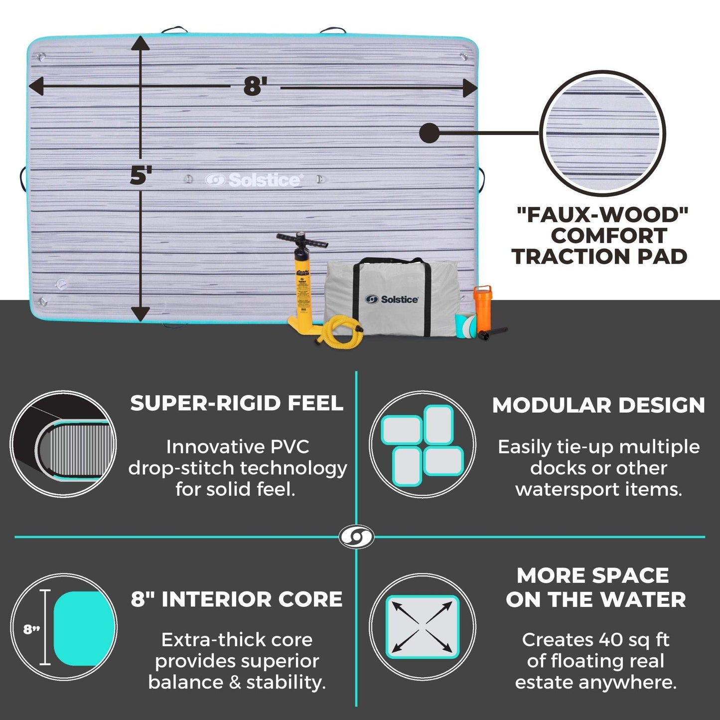 SOLSTICE ORIGINAL Floating Inflatable LUXURY Dock Platform 8 X 5 FT Float For Lake Boat Pool Ocean | W/ Non-Slip Pad | Water Mat Swim Raft For Multiple Adults Kids Dogs | 8 Inch Extra Thick & Stable